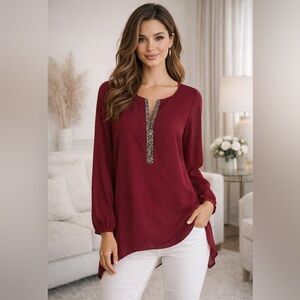 Juicy Couture Women’s Burgundy Blouse Rhinestone V-Neck Long Sleeve Size Medium